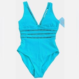 Becca One Piece Swimsuit Green Ribbed Cutout V Neck Size S NWT